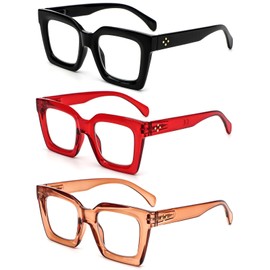 REAVEE 3 Pack Oprah Style Oversized Reading Glasses for Women Men, Blue Light Blocking Computer Thick Frame stylish Square Readers with Spring Hinge((Black/Red/Brown, 2.0)