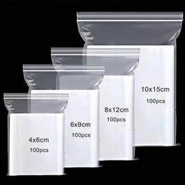 Set of 400 Ziplock Bags, Resealable Set, 4 Sizes, Small Zip Bags, Ziplock Bags, Transparent PE Poly Bags, Clear Plastic Bags, Ziplock Bags