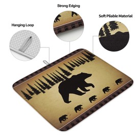 Debedcor Bear Dish Drying Mat for Kitchen Counter, Pine Tree Forest Cabin Microfiber Rack Pads, Black Animal Farmhouse Absorbent Dish Bottle Drying Mat, 16 Inch x 18 Inch