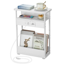YEAKOO Narrow Side Table with Charging Station, 3-Tier End Table with 2 USB Ports & Power Outlets,Thin Sofa Side Table for Narrow and Small Spaces, Bedside Table Nightstand for Living Room,White