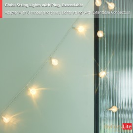 myCozyLite LED String Lights Plug in, Globe String Lights Indoor and Outdoor, for Balcony, Patio, Bedroom, Wall, 20 Crystal Balls, Multifunction with Timer, Decorative, Extendable, Warm White