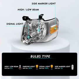 TUSDAR Headlight Assembly Compatible with 2006-2010 Ford Explorer Driver and Passenger Side (Chrome Housing with Amber Reflector)