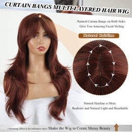 LEOSA Burgundy Wig Ombre Straight Wavy Wine Red Wig with Curtain Bangs for Women Highlighted Black Mix Burgundy Layered Wig Ombre Burgundy Wave Long Haired Wig Synthetic Natural Dark Red Real Hair Wig