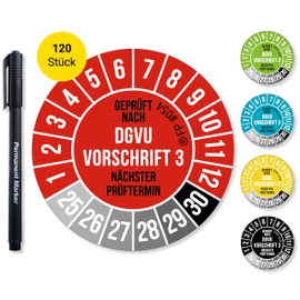 Frank Paperman® 120x DGVU V3 Test Badges Red 30 mm Diameter Including Foil Pen, Test Badges Next Test Date, UV-Resistant, High Adhesion, 5 Colours, 2 Sizes