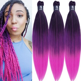 UPruyo Synthetic Color Hair for Braiding Purple Pink Ombre Braiding Hair Pre Stretched Non Toxic Hypoallergenic Braiding Hair Extensions For Crochet Braids, Knotless Pre-stretched Braiding Hair Bundle