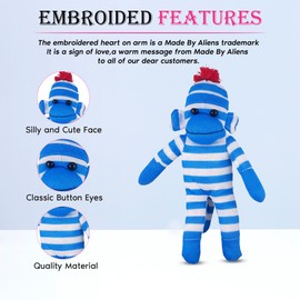 Made By Aliens Adorable Sock Monkey, The Original Traditional Hand Knitted Stuffed Animal Toy Gift-for Kids, Babies, Teens, Girls and Boys Baby Doll Present Puppet (16" Blue)