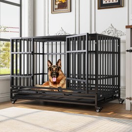 TIMHAKA 48 Inch Heavy Duty Dog Crates, Escape Proof Dog Cage Large Dogs with Wheels, Indestructible Steel Dog Cage with Upgraded Reinforced Baseplate for High Anxiety Dogs, Dog Kennel Indoor Outdoor