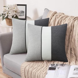 cygnus Decorative Throw Pillow Covers 18x18 - Black & White Linen and Black Faux Leather Patchwork Cushions Cover for Modern Home Decor - Stylish Couch Sofa Bedroom Living Room Accent Netural Covers