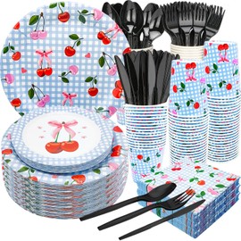 175Pcs Cherry Blue Gingham Party Supplies 9"& 7"Cherry Blue Gingham Paper Plates Cherry Napkins Knives Forks Spoons Cups for Baby Shower BBQs Cherry on Top Bachelorette Birthday Party Decor Serve25