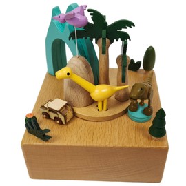 Wooden Jurassic Dinosaurs Music Box - Moving Car & Dinosaur, Mechanical Musical Box, Gift for Dinosaur Lovers and Music Box Enthusiasts, Unique Desk Decoration (Jurassic)