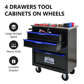 Larmliss 4-Drawer Tool Chest with Wheels, Rolling Tool Box, Combinable Rolling Tool Cart, Storage Organizer Cabinet for Garage,Warehouse, Repair Shop, Workshop