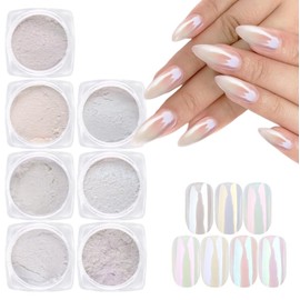 7 Colors Pearl Chrome Nail Powder Iridescent Aurora Powder Metallic Mirror Effect Glitter Powder Pearlescent Ice Transparent Mermaid Pigment Dust for Gel Polish Nail Art Decoration