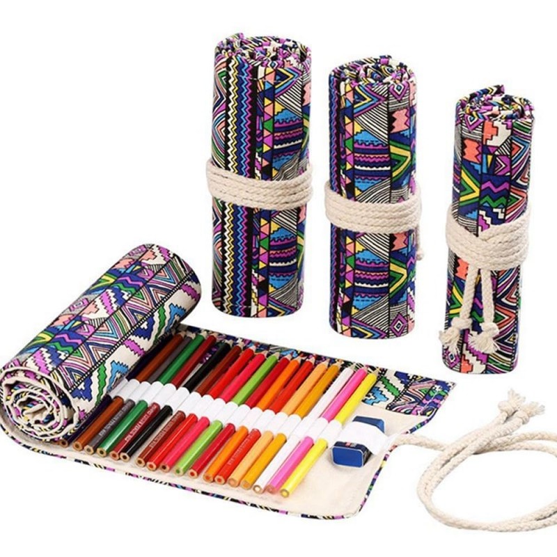 Roll-Up Canvas Pencil Wrap, Colouring Pencil Roll Bag Holder Storage