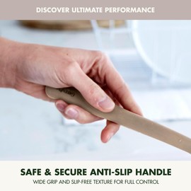 GreenPan Silicone Slotted Spoon, Cooking Kitchen Utensil, Mixing Stirring Serving, Flexible Rubber Nonstick Cookware, Rigid Steel Core Heat-Resistant, Anti-Slip Handle, BPA-Free Dishwasher Safe, Taupe