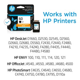 HP 60 Black Ink Cartridge | Works with Series: DeskJet D1660, D2500, D2600, D5560, F2400, F4200, F4400, F4580; ENVY 100; OfficeJet J4500, J4680, 4500; PhotoSmart C4600, C4700, D110a | CC640WN