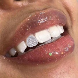 Peach Heart CZ Grillz for Women Unisex Rhinestone Love Heart Shaped Hip Hop Single Tooth Top and Buttom Grills Punk Rapper Costume Cosplay Teeth Accessories Jewelry Gifts (Silver)