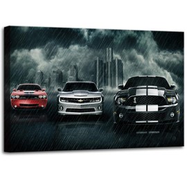 ZHIYYHAO Black and White Muscle Car Canvas Wall Decor Framed Modern Artwork For Bedroom Bathroom Office Home Decor （car-13，24.00L X 16.00W''）