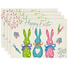 Niviy Green Blue Pink Rabbit Bunny Easter Placemats Set of 4, 12x18 Inch Spring Jesus Easter Table Mats for Holiday Party Kitchen Dining Room Decoration