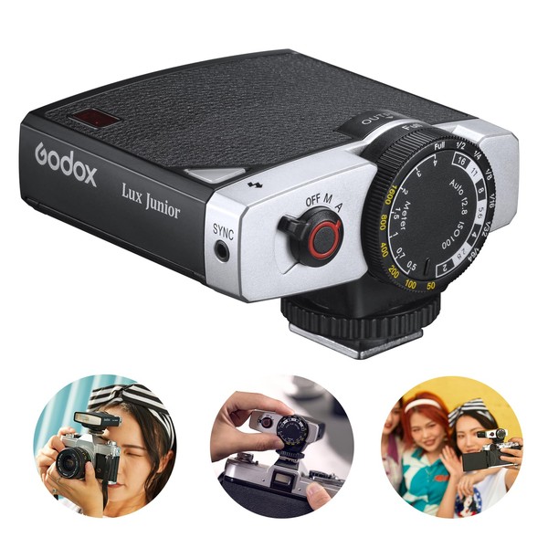 Godox Lux Junior Retro Camera Flash, 6000 K ± 200 K, 28 mm Focal Length Speedlite, A/M Mode 7 Levels Flash Power On-Camera Speedlite for Canon Nikon Sony Fuji Olympus Hot Shoe Cameras