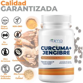 NAIMA | Cúrcuma + Jengibre | 100 Cápsulas | Suplemento 100% Puro | Sin Aditivos | Apoyo Digestivo y Antiinflamatorio Natural | Bienestar General