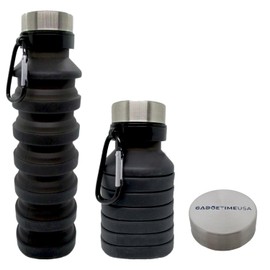 Gadgetime USA Collapsible Water Bottle (Black) - Reusable, BPA Free, Silicone, Foldable Portable & Leak Proof - Water Bottles for Travel Gym Camping Hiking - Sports Water Bottle with Carabiner