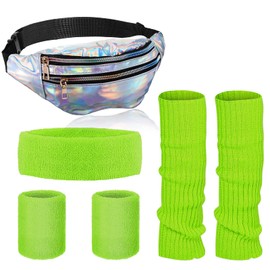 SATINIOR 80s Women Workout Outfit Neon Leg Warmer Headband Wristbands Fanny Pack Set 80s Accessories for Yoga Running(Silver, Green)