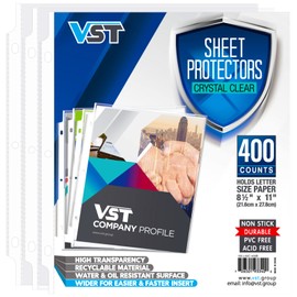 VST Sheet Protectors 8.5 x 11 Inch for 3 Ring Binder, Crystal Clear Page Protectors, Medium Weight Plastic Sleeves, Top Loading Paper Protector Acid Free, Letter Size, Dry Erase Pocket, 400 Sheets