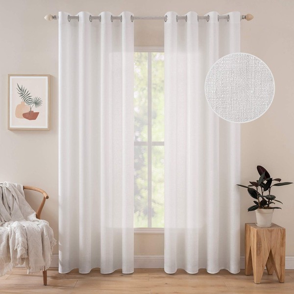 Miulee Set of 2 Voile Curtains, Sheer Linen Curtain with Eyelets, Transparent Irregular Texture, Eyelet Curtain, Window Curtain, Translucent for Bedroom