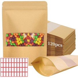 RUISTLI 120 Piezas Bolsas de Papel Kraft-9x14cm,Bolsitas para Dulces,Bolsas Hermeticas Alimentos con Ventana y Cremallera-Bolsas Herméticas para Dulces,Bolsas Reutilizables para Alimentos (Amarillo)