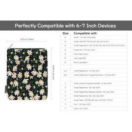 Dadanism Embroidered Daisy Padded Sleeve for All-New Kindle Paperwhite, 7" Kindle Colorsoft Signature Edition, Protective Sleeve Case for 6" K-indle/K-indle Oasis/Kobo E-Reader, Black & White Daisy