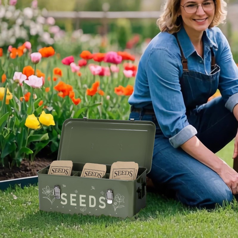 Cinpode Seed Storage Organizer, Seed Saving Box with Lid, Metal
