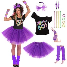 Women's 80's Costumes with Accessories Set Purple Tutu Skirt and T-shirt X-Large(12-14)