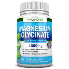 NutriONN Magnesium Glycinate - 1600 mg - 180 Capsules - Maximum Absorption - Vegan