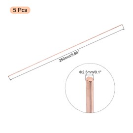 QUARKZMAN Pack of 5 Pure Copper Round Rods 2.5 mm / 0.1 Inch Diameter 250 mm / 10 Inch Length Solid Copper Rod Lathe Bar for DIY Metal Crafts Metal Working Hobbies