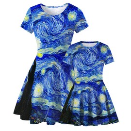 GLUDEAR Women's 3D Print Short Sleeve Unique Casual Flared Midi Dress,Van Gogh,S/M