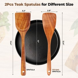YTYOTO Wooden Spatula for Cooking, 2Pcs Natural Teak Wooden Spatula, Long Handle Frying Turner for Nonstick Cookware, Ideal Utensils Set for Kitchen Cooking