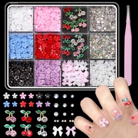 3D Flower Nail Charms and Rhinestones, Color Acrylic 3D Tiny Flowers for Nails Cherry Nail Charms, Bow Blossom Flowers Nail Charms and Gems for Acrylic Nails Y2K DIY Nail Art Accessories