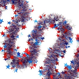 Gloreyan 33FT Patriotic Tinsel Garland Red White Blue 4th of July Metallic Twist Foil Tinsel Garland Shiny Hanging Decorations for Independence Day Memorial Day Celebration Party Decorations