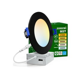 zouzai 1 Pack 4 Inch Black 5CCT Ultra-Thin LED Recessed Ceiling Light with Junction Box, 2700K/3000K/3500K/4000K/5000K Selectable, 9W Eqv 80W, Dimmable led can Lights - ETL and Energy Star Certified