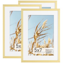 Acovy 5x7 Picture Frame, Aluminum 5x7 Frame Matted to 4x6, 5x7 Photo Frame with High Definition Plexiglass, Metal 5x7 Frame for Wall or Tabletop Display, Wall Hook Included (Gold, Pack of 3)