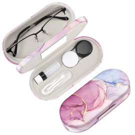 Fintie 2 in 1 Contact Lens Case and Eyeglasses Case, Double Sided Portable Contact Lens Travel Case with Built-in Mirror, Tweezer and Contact Lens Solution Bottle Included, Dreamy Marble