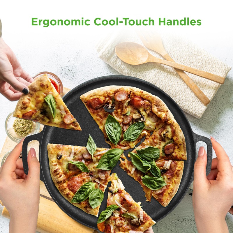 NutriChef 13-Inch Flat Cast Iron Pizza Pan - Versatile Pre-Seasoned
