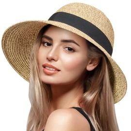 VIFUUR Damen Strohhüte Breiter Rand Sommervisier Strand Sonnenhut Verpackbare UPF UV Faltbare Reise Beige/Coffee M/L