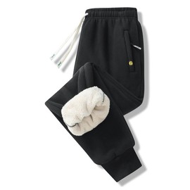 Men's Solid Zipper Pocket Thermal Lined Jogger Pants, Regular Fit Athleisure Casual Comfy Drawstring Waist  Thick Warm Trousers for Winter, Men's Bottoms for Daily Wear - Color: Black, Size: XS