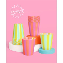 xo, Fetti Pink + Green Pool Party Plastic Cups | 16 pcs 12 oz | Summer Drinkware, Colorful Decorations, Bachelorette Party Drinks, Birthday Supplies