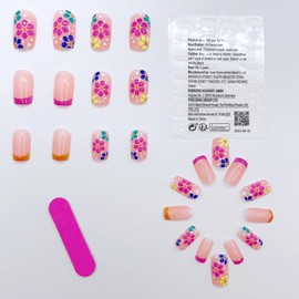 Acrylic Press on Nails Medium Square Fake Nails RUPOFUZA Red French Tip False Nails with Multicolor Flower Relief Press ons Designs Nails Press on Artificial Nails Stick on Nails for Women 24Pcs