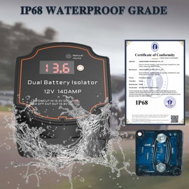 Smart Dual Battery Isolator 12V 140A Auto or Manual Control, Waterproof Voltage Sensitive Relay(VSR) with Digital Voltmeter for Car, RV, ATV, UTV, Boat, Marine