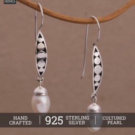 NOVICA Artisan Handmade Cultured Pearl Dangle Earrings Balinese Artisan Crafted Sterling Silver White Indonesia Bridal Birthstone [1.5 in L x 0.3 in W x 0.3 in D] ' Paradise Blooms'