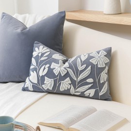 BlissBlush Blue Velvet Floral Decorative Lumbar Throw Pillow Cover 12X20, Flower Tufted Soft Farmhouse Textured Pillowcase, Accent Pillowcase for Couch Sofa Bed Living Room