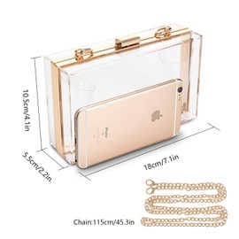 WJCD Women Clear Purse Acrylic Box Clutch Handbag, Small Transparent Crossbody Evening Bag Stadium Approved Gold Chain Strap (Gold)
